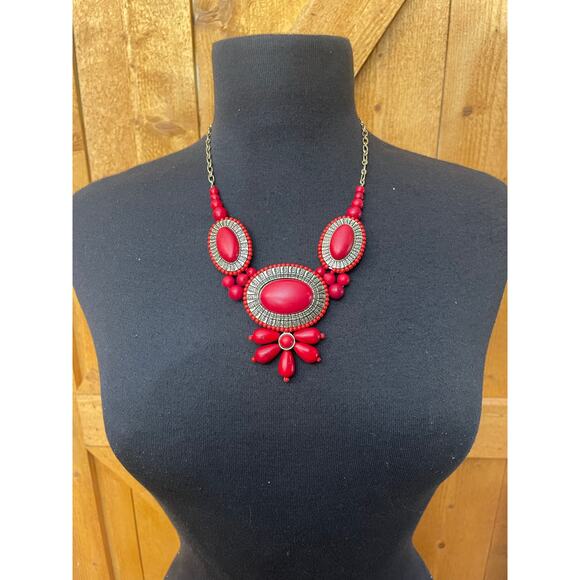 Women's Red Gold Statement Necklace GUC Adjustable Length - Picture 2 of 3